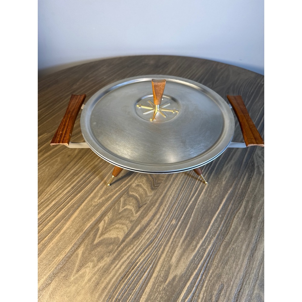 Vintage Mirro Medallion Chafing Dish MCM‎ 10in Silver Wood Starburst Serving Set